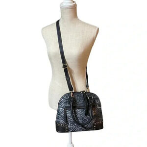 Firenze Bella Leather Dome Top Handel Tooled Blue Black Trim Crossbody Handbag